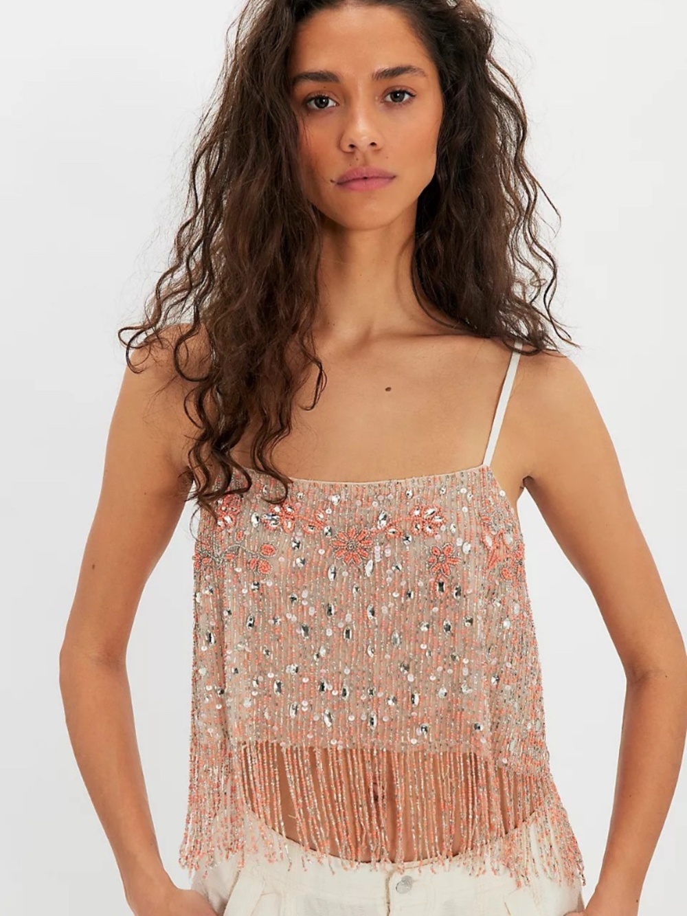 Free People Juliet Beaded Fringe Sequin Top XS NWT